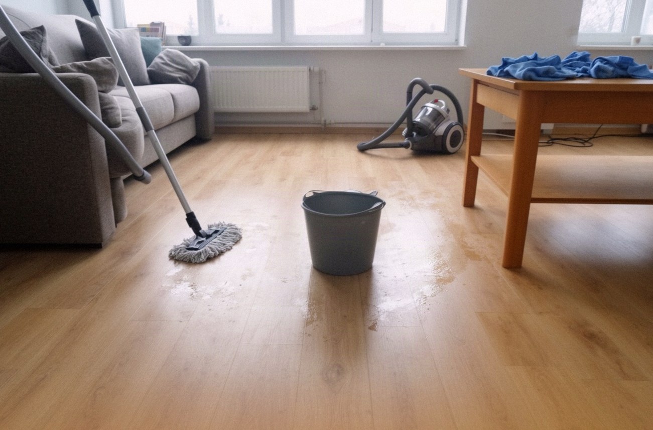 Salon domu jednorodzinnego z mopem i wiadrem na drewnianej podłodze podczas sprzątania
