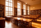 Czytelnia biblioteki z wysokimi oknami