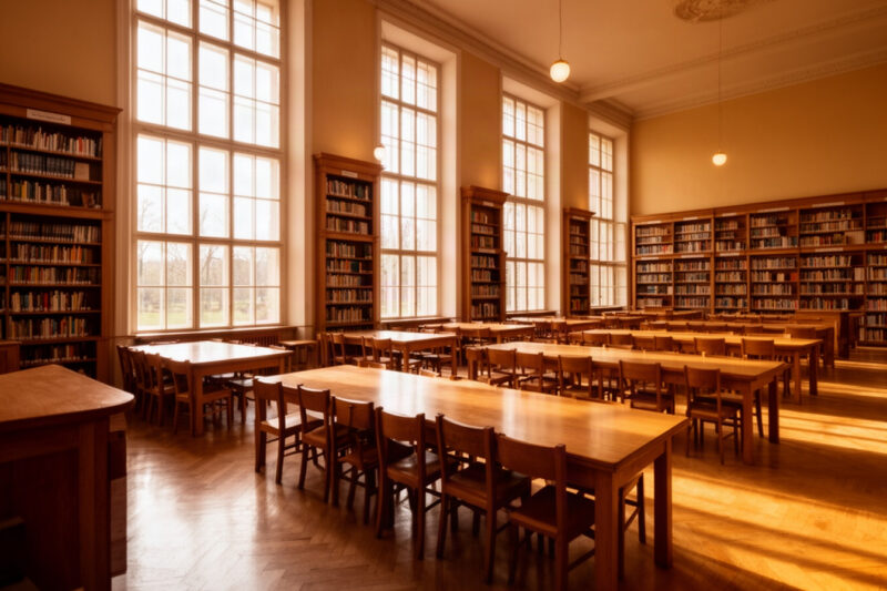 Czytelnia biblioteki z wysokimi oknami