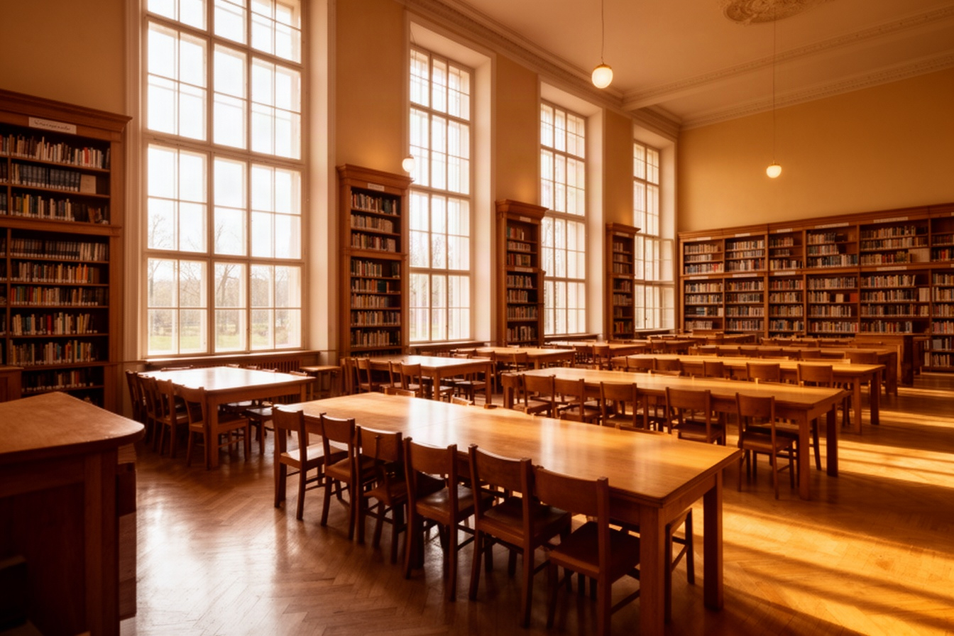 Czytelnia biblioteki z wysokimi oknami